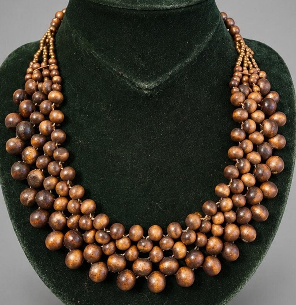 Vintage 1990s Tribal Brown Wood Wide Collar Beaded Necklace, boho br01-15